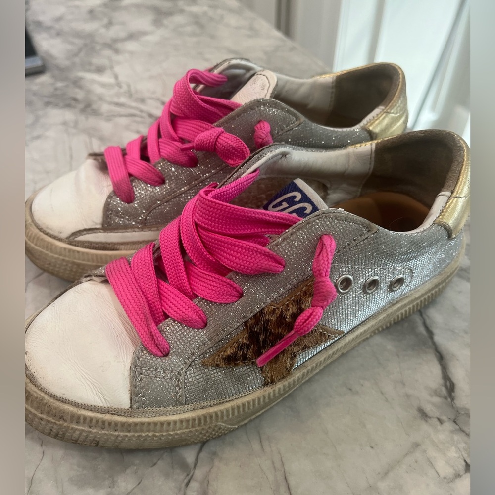 Silver Golden Goose Sneakers with Pink Laces